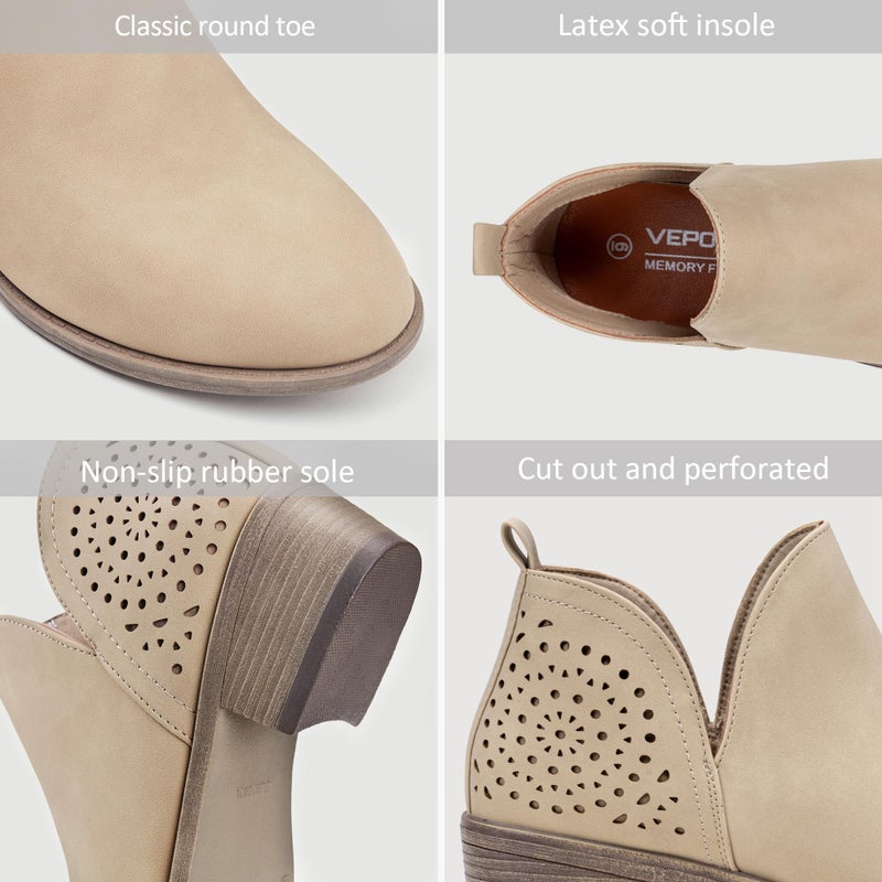 Vepose Women's Ankle Boots, Low Heel Chunky Cutout Booties, 912 - Tan Nubuck, Size 8.5 US - Perforated Western Shoes (CJY912 tan Nubuck 08.5) - Image 4